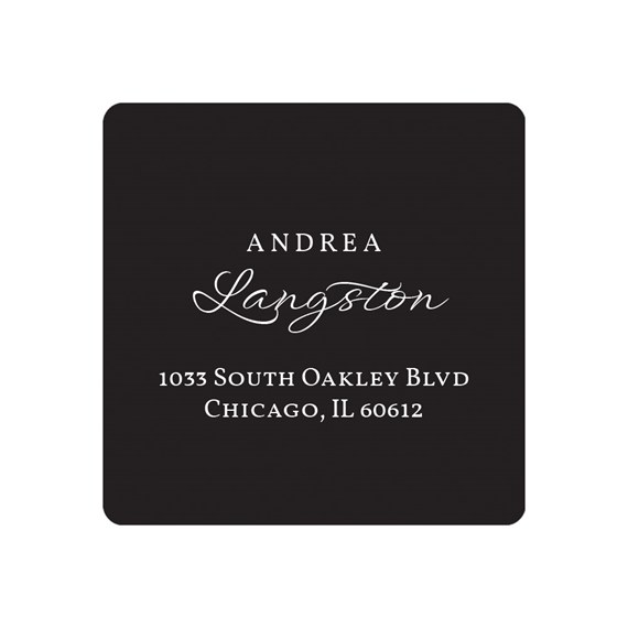 black address label with white text