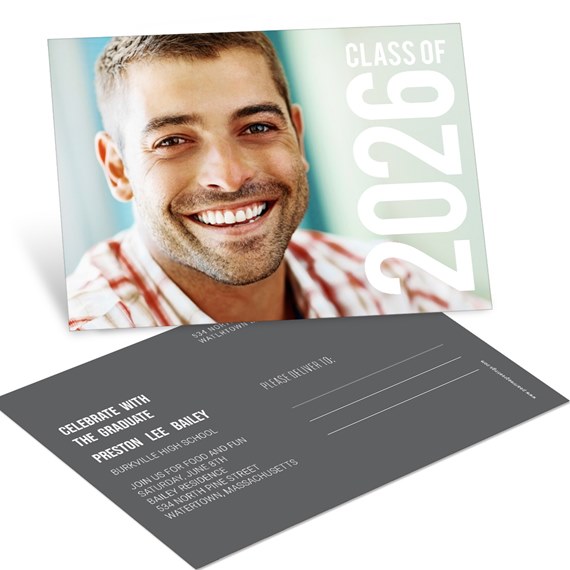 postcard with photo area and celebration details