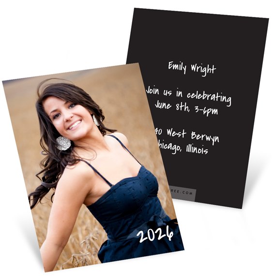 photo area on one side, black background with text on reverse side