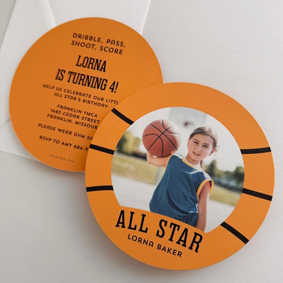 round card with basketball design and photo area