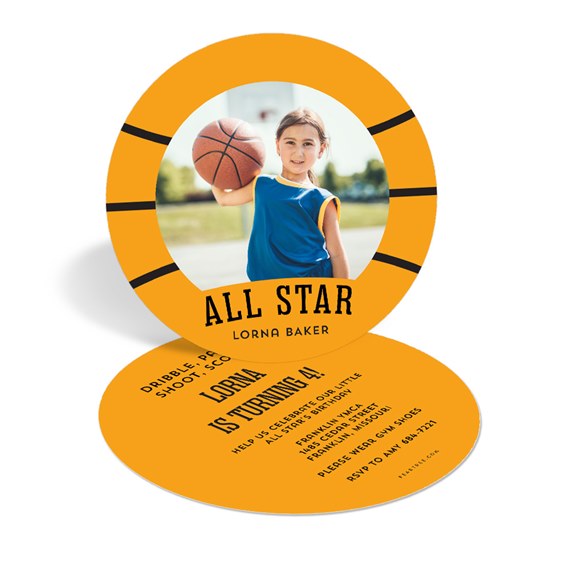 basketball-themed birthday invitation with photo placeholder