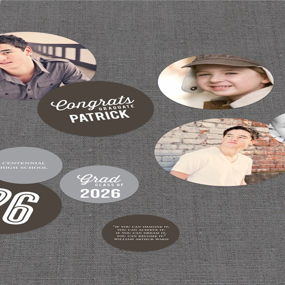 circular photo placeholders with text on a gray background