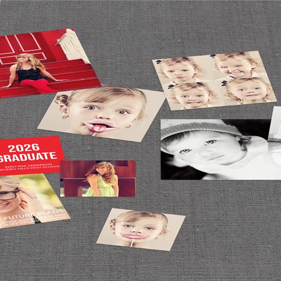 photo placeholders on gray background, red banner, collage layout