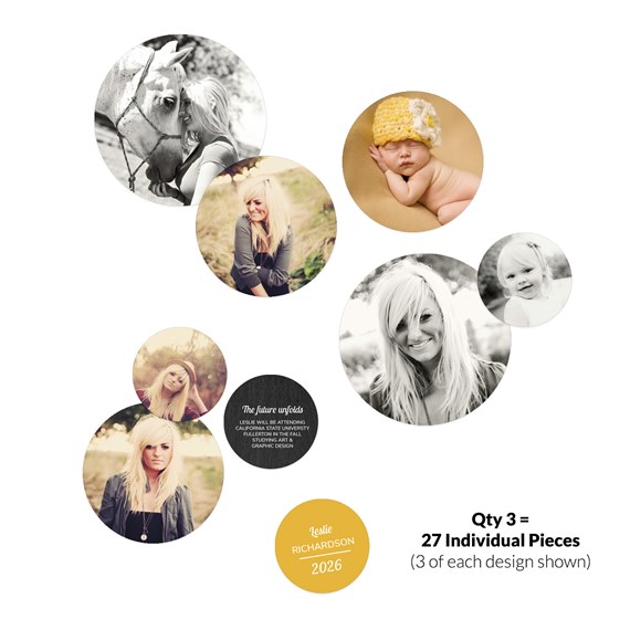 photo placeholders with circular frames and text elements