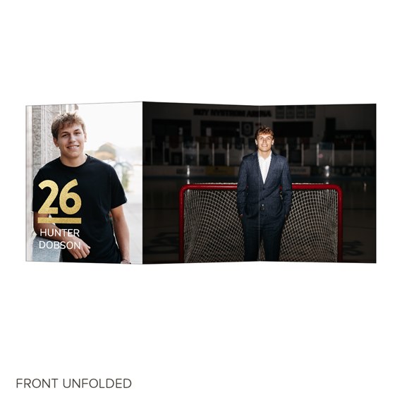 two photo placeholders with text, gold number and name