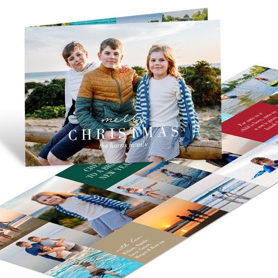 Folded Christmas photo card with family beach portrait and collage of holiday photos