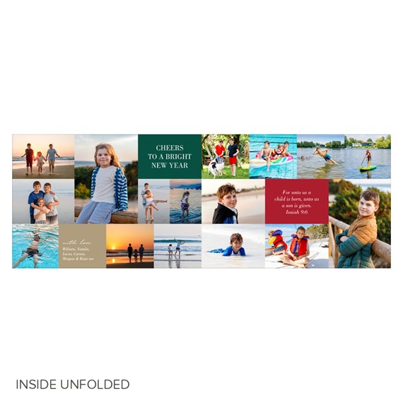 Holiday photo collage card interior with family photos at beach, pool and lake and green and red greeting panels