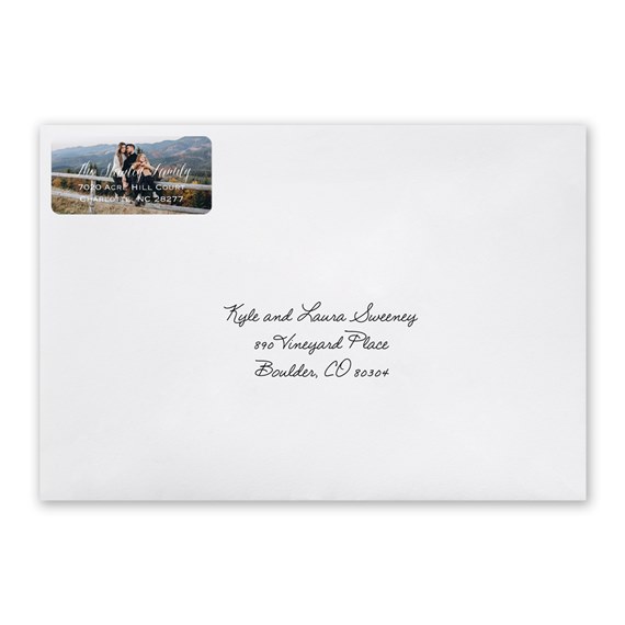 address label with photo placeholder and handwritten address