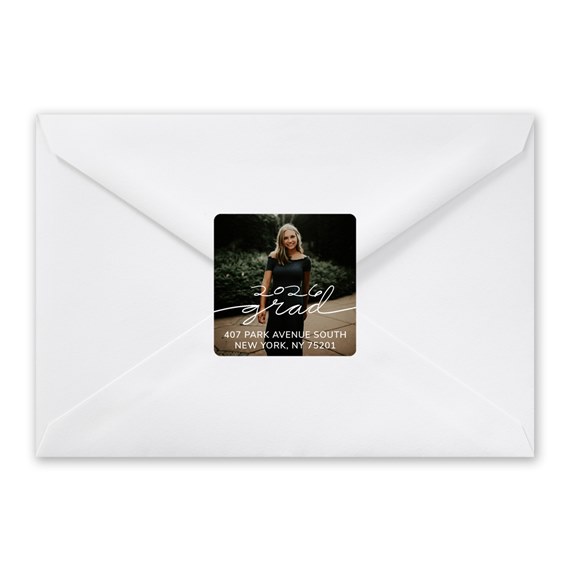 white envelope with square photo placeholder and printed text