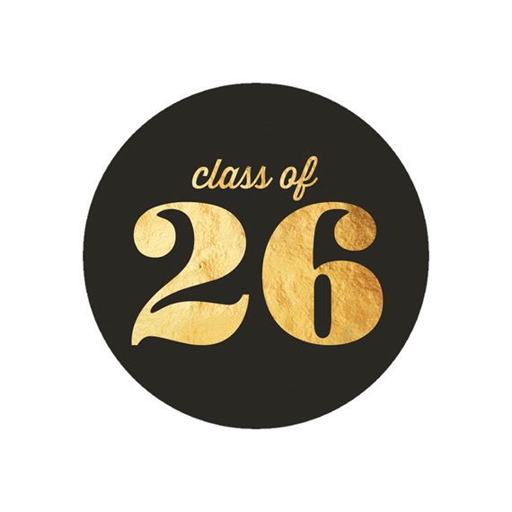 circular design with text 'class of 26' in gold on black