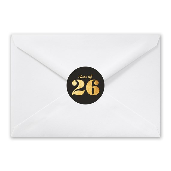 white envelope with black and gold sticker, photo placeholder