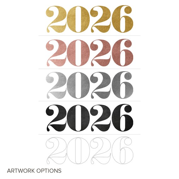 stylized year 2026 in gold, rose gold, gray, black, and white