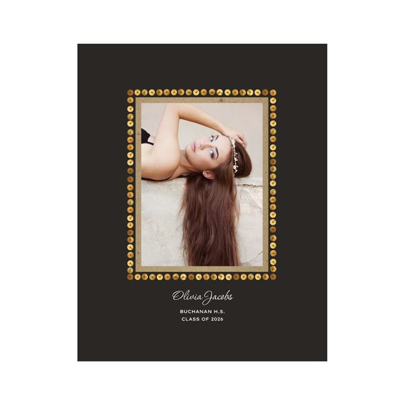 photo placeholder with gold border and printed text