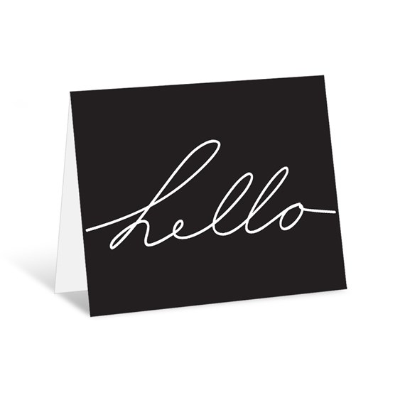 black note card with white hello script