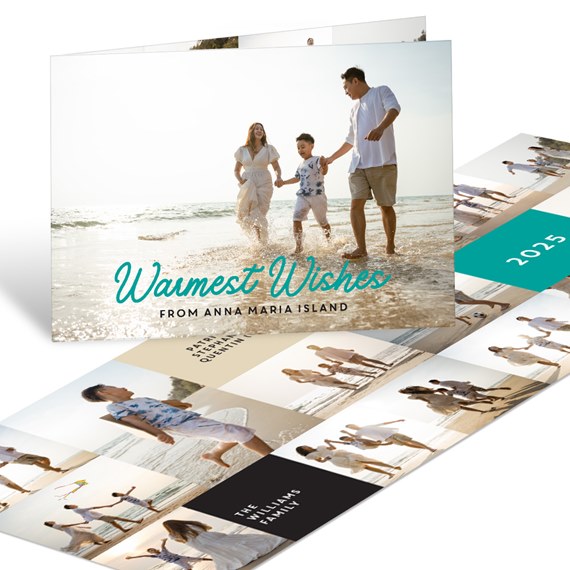 Folded family holiday photo card on the beach with teal 