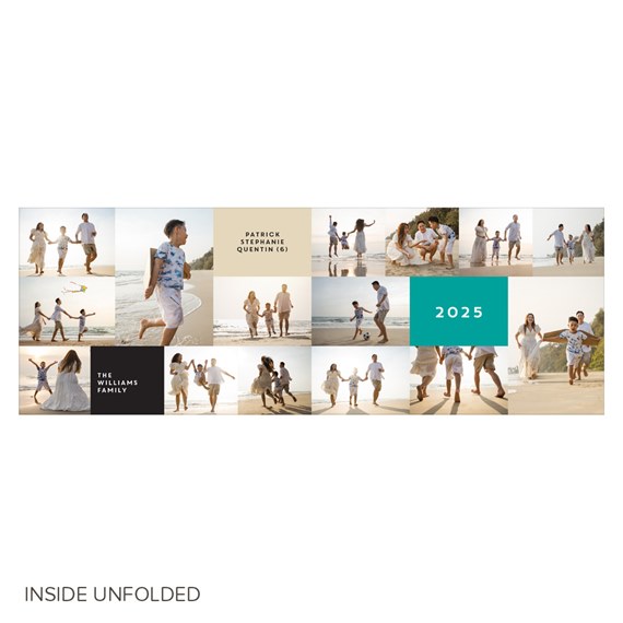 horizontal family photo collage greeting card with beach scenes, neutral text blocks and a teal year panel
