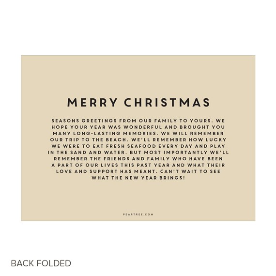 Back of beige folded Christmas card with centered black 