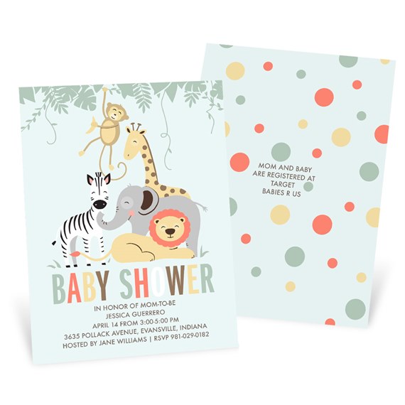 jungle animal baby shower invitation with polka dots