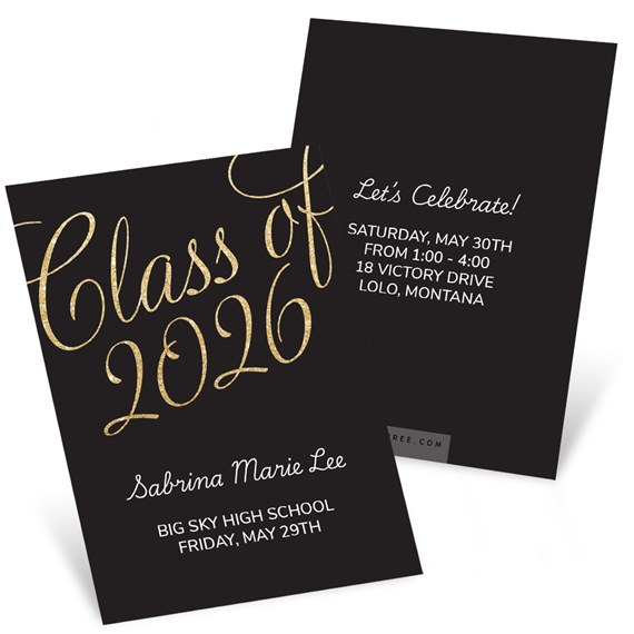 black invitation card with gold text and white details