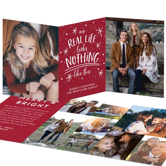 tri-fold family Christmas photo card with burgundy center panel and collage of family photos