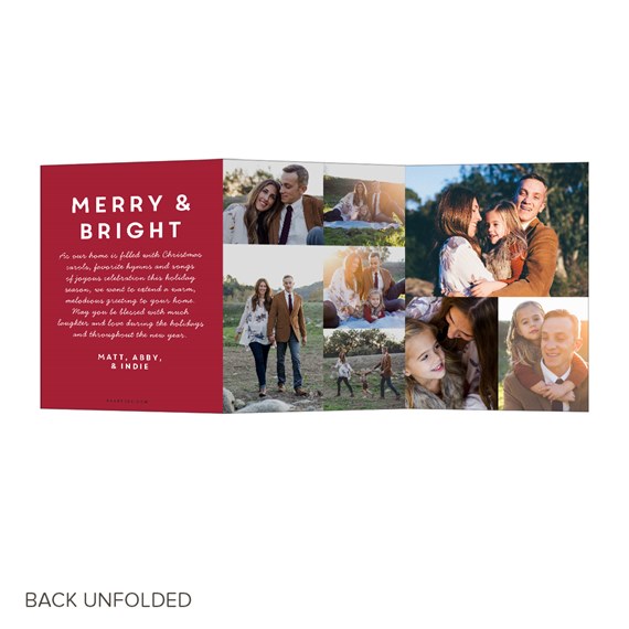 Unfolded trifold Christmas card with red 'Merry & Bright' greeting panel and a collage of outdoor family photos