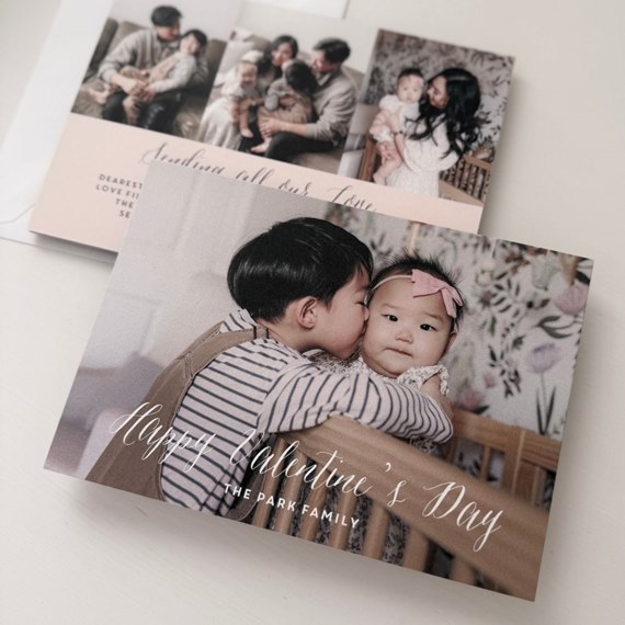 valentine's day photo card with children, floral background, customizable text area