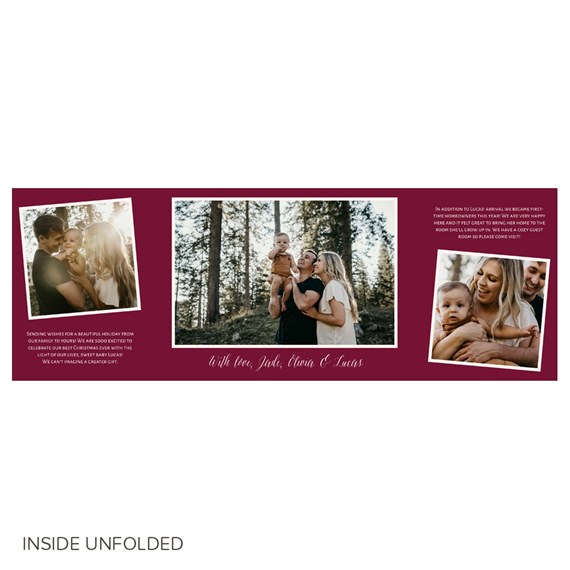 folded Christmas card with photo placeholders and decorative text