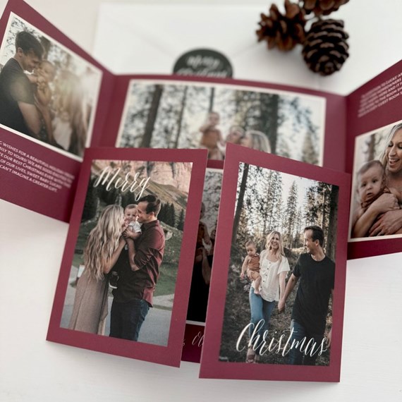 folded Christmas card with photo placeholders and text