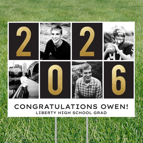 graduation yard sign with photo placeholders and text