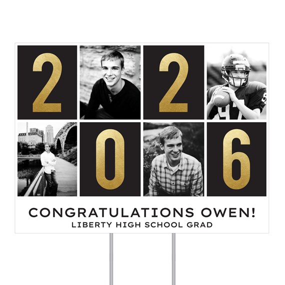 graduation yard sign with photo placeholders and gold numbers