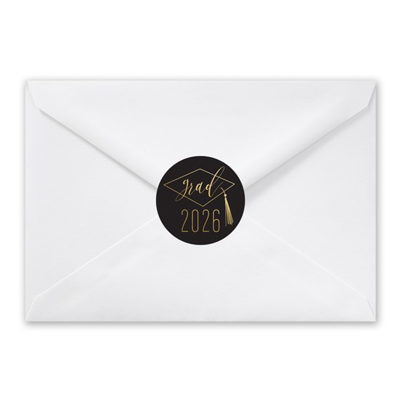 white envelope with black and gold graduation seal