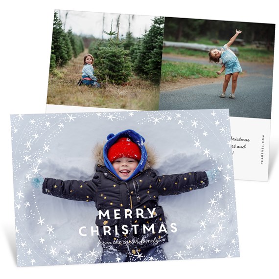 Christmas card with photo placeholder, snowflakes, and text