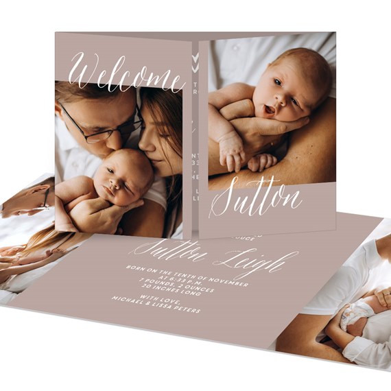 folded birth announcement with photo placeholders and text areas