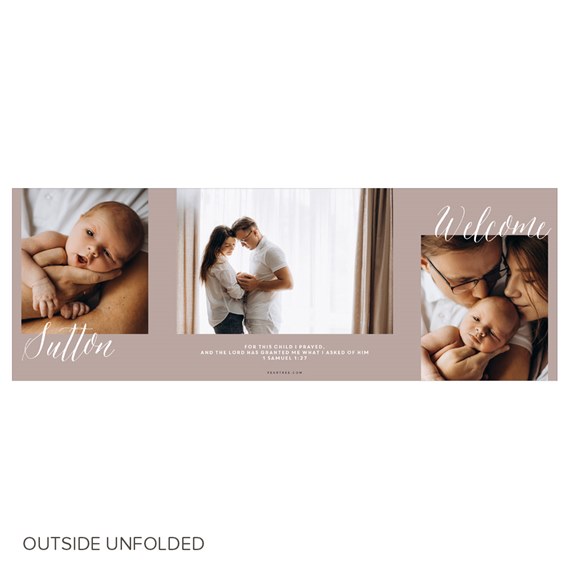 folded birth announcement with photo placeholders and decorative text
