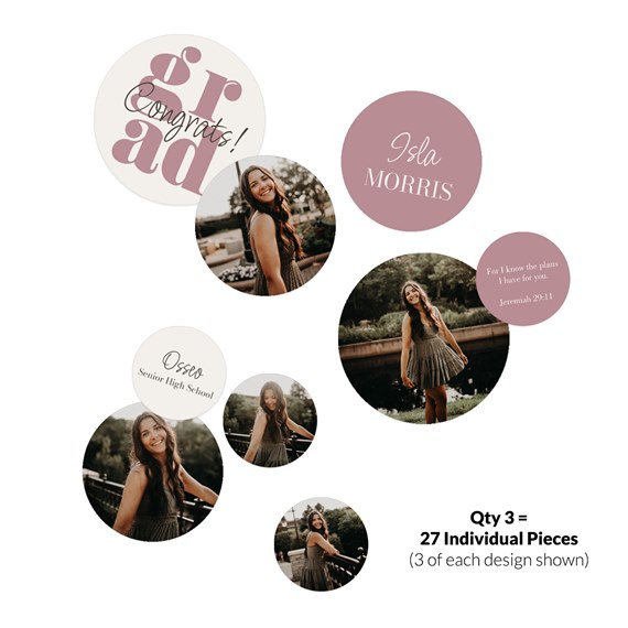 graduation party decorations with circular photo placeholders and text