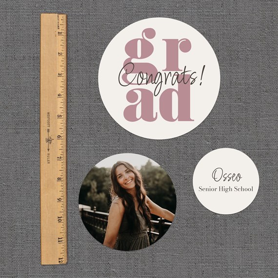 three circular decorations with text and photo area