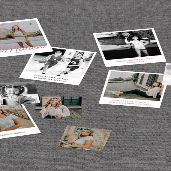 photo placeholders on textured gray background with white borders