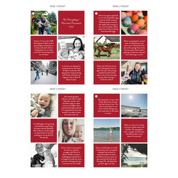 photo placeholders with white frames and maroon background, customizable text area