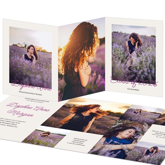 tri-fold graduation announcement with photo placeholders and purple text