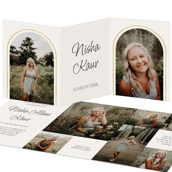 graduation invitation with photo placeholders and gold accents