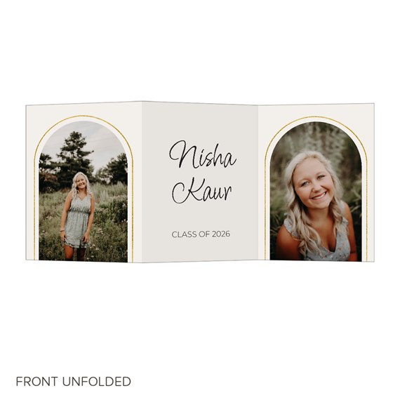 graduation party invitation with photo placeholders and gold arch designs