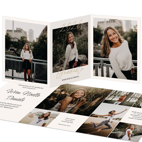 graduation announcement with photo placeholders and gold text