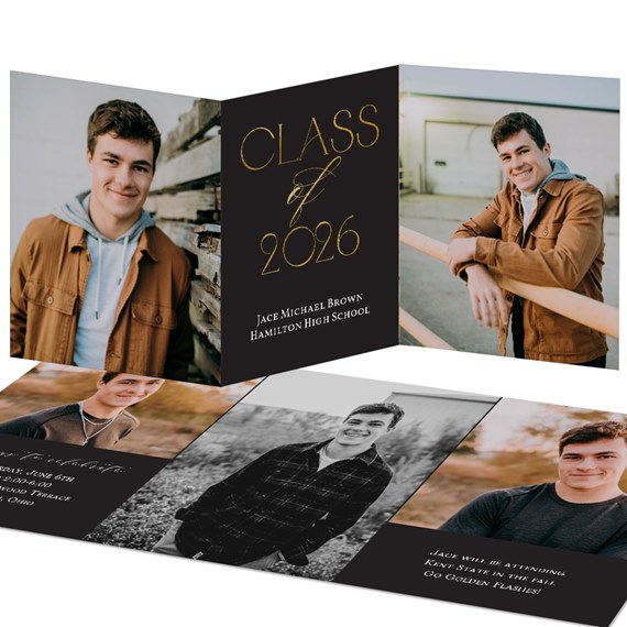 graduation party invitation with photo placeholders and gold text