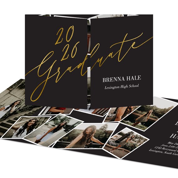 black graduation invitation with gold text and photo placeholders