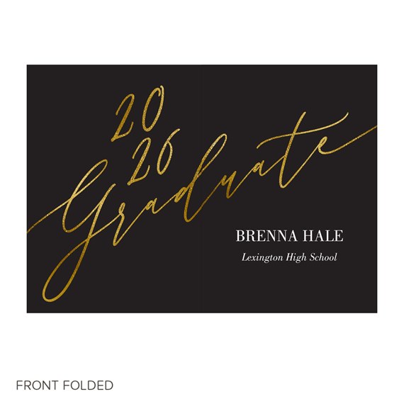 graduation invitation with gold text on black background