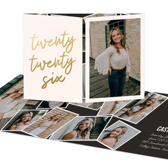 graduation announcement with photo placeholders and gold text