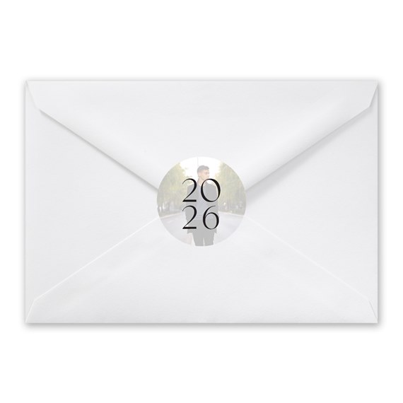 white envelope with circular photo placeholder seal displaying '2026'