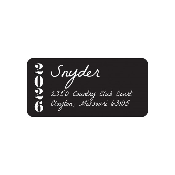 black address label with graduation year and name