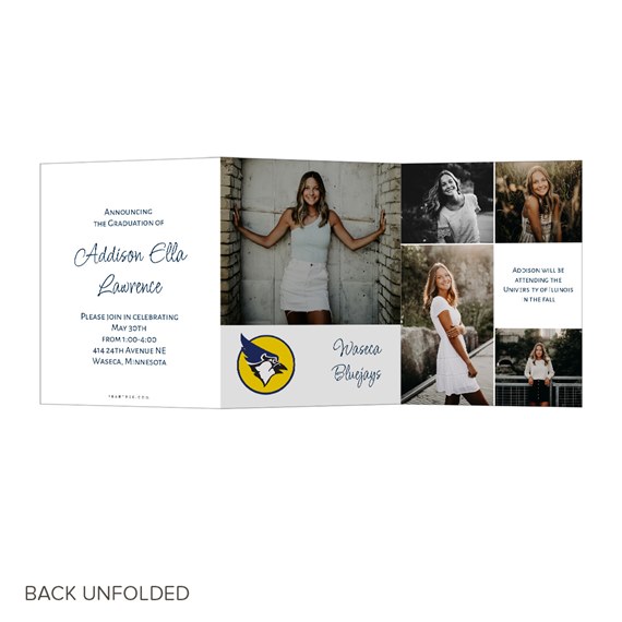graduation announcement card with photo placeholders and blue jay logo