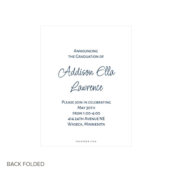 graduation announcement with navy text on white background